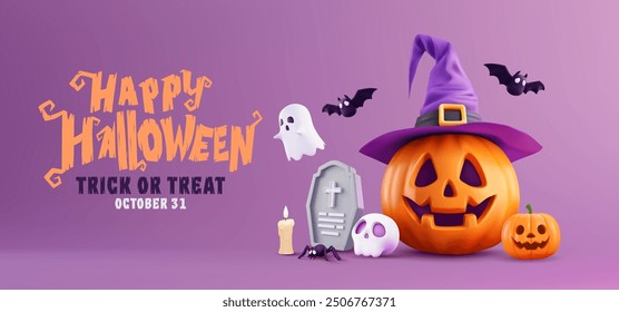 Happy Halloween Background with Pumpkin Jack-O'-Lantern, Witch Hat, Ghosts, and Spooky Decorations. Perfect for Trick or Treat Celebrations, Holiday Parties, and October 31st Festivities