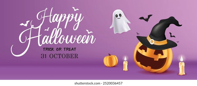 Feliz Halloween Background com abóbora Jack-O'-Lantern, Chapéu Bruxa, Fantasmas, e Decorações assustadoras. Perfeito para celebrações de truques ou doces, festas de férias e festas de 31 de outubro