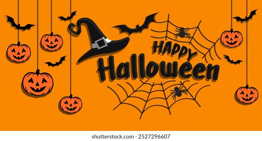 Happy Halloween Background with Pumpkin Jack-O'-Lantern, Witch Hat, Ghosts, and Spooky Decorations. Perfect for Trick or Treat Celebrations, Holiday Parties, and October 31st Festivities