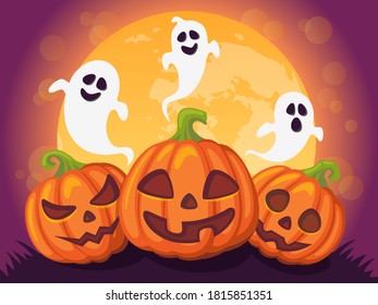 Fondo de Halloween con calabaza, luna y fantasmas