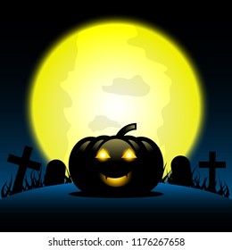 Happy Halloween background with Pumpkin on the full moon backdrop, Vector illustration.