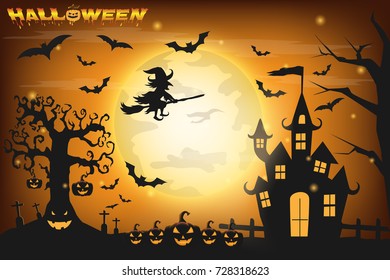 Happy Halloween background with pumpkin on the full moon backdrop. Trick or Treat Halloween carved pumpkins cartoon Vector illustration. 