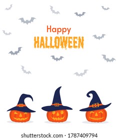 Happy Halloween background, pumpkin. Postcard for party and sale. Autumn vacation. Cute pumpkins in witch hats. Vector illustration isolated on white background.