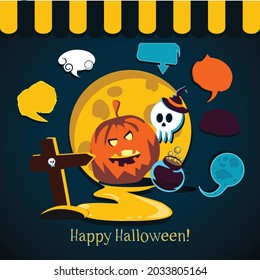 Happy Halloween. Background with pumpkin, potion pot, skull, puddle of fire, witch hat. Set of underlays for inscriptions.