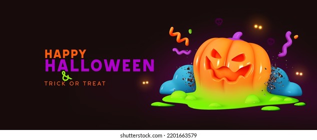 Felices antecedentes de Halloween con calabaza. Dibujo de diseño 3d realista sobre la calabaza naranja temible en la poción de magia verde. Banner de vacaciones, afiche web, folleto elegante, tarjeta de saludo. Ilustración del vector