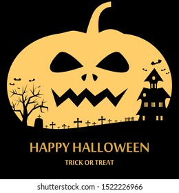 Happy Halloween background with pumpkin in the sky at the place of the moon and the atmosphere of Halloween. Night silhouette of a cemetery, crosses and a castle. Vector illustration.