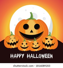 Happy Halloween background with pumpkin under the moonlight in flat vector style