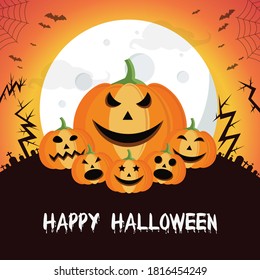 Happy Halloween background with pumpkin under the moonlight in flat vector style	

