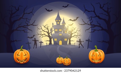 Happy Halloween background with pumpkin and zombies on the full moon backdrop. Trick or Treat Halloween carved pumpkins cartoon Vector illustration.