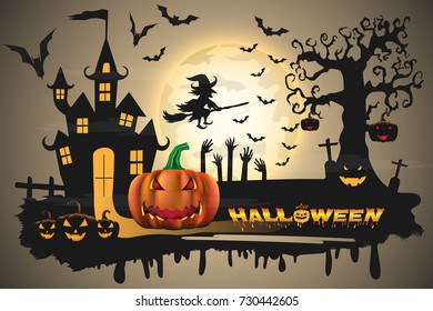 Happy Halloween background with pumpkin and zombies on the full moon backdrop. Trick or Treat Halloween carved pumpkins cartoon Vector illustration. 