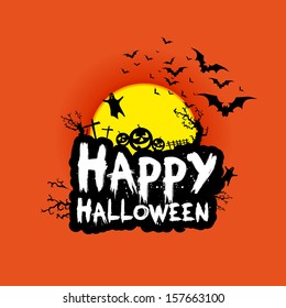 Happy Halloween Background with Pumpkins, bats and Moon in the Back