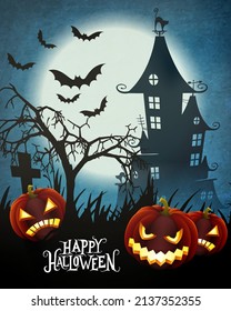 Happy Halloween background with pumpkins and church - Vector Illustration 