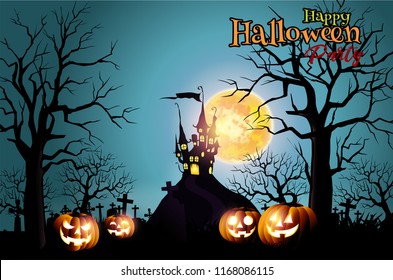 Happy Halloween background with pumpkins and dark castle under the moonlight.- Vector illustration