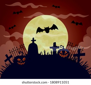 happy halloween background with pumpkins, full moon, bats flying in cemetery scene vector illustration design