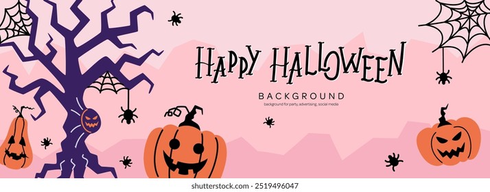 Happy Halloween background with pumpkins, ghost tree, web, spiders, lettering. Banner template for spooky party, advertising, social media. Vector illustration in flat design.
