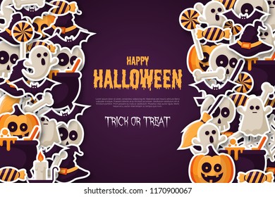 Happy Halloween Background with 
pumpkins, ghosts, candy, witch broom, bats, cobwebs, skulls, bones, headstones, witch hats. Flat icon. Vector Illustration