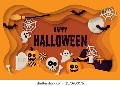 Happy Halloween Background with 
pumpkins, ghosts, candy, witch broom, bats, cobwebs, skulls, bones, headstones, witch hats. Flat icon. Vector Illustration