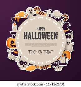 Happy Halloween Background with 
pumpkins, ghosts, candy, witch broom, bats, cobwebs, skulls, bones, headstones, witch hats. Flat icon. Vector Illustration