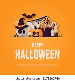 Happy Halloween Background with 
pumpkins, ghosts, candy, witch broom, bats, cobwebs, skulls, bones, headstones, witch hats. Flat icon. Vector Illustration