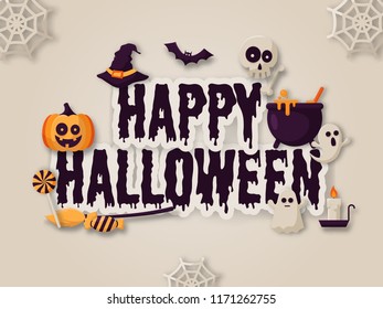 Happy Halloween Background with 
pumpkins, ghosts, candy, witch broom, bats, cobwebs, skulls, bones, headstones, witch hats. Flat icon. Vector Illustration