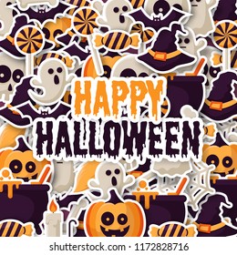Happy Halloween Background with 
pumpkins, ghosts, candy, witch broom, bats, cobwebs, skulls, bones, headstones, witch hats. Flat icon. Vector Illustration