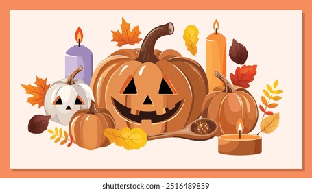 Feliz Halloween fundo com abóboras, folhas de bordo e velas.