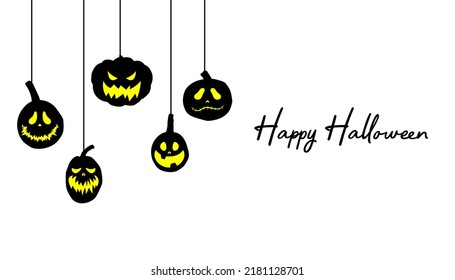 Happy Halloween background. Pumpkins with scary glowing faces. Vector illustration.