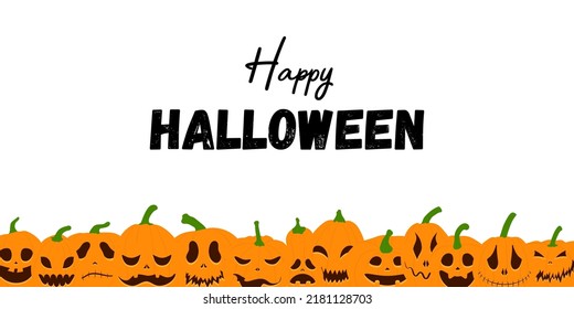 Happy Halloween background. Pumpkins with scary smiling faces. Vector flat style illustration.