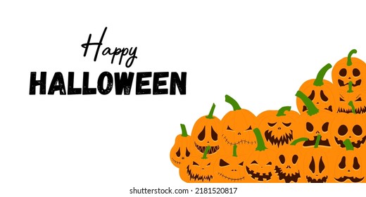 Happy Halloween background. Pumpkins with scary smiling faces. Vector flat style illustration.