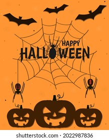 Happy Halloween background with pumpkins, spiders and bats. Greeting card, party invitation or banner template.