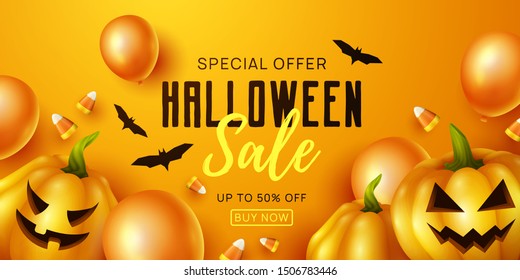 Happy Halloween background with pumpkins. Vector illustration.