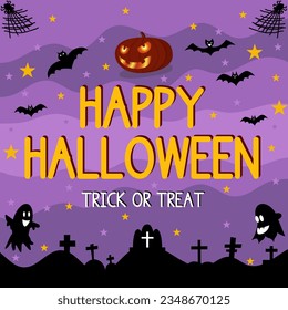 Happy Halloween background with purple misty clouds and pumpkins in the cemetery