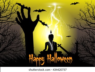 Happy Halloween background with raising zombie hand,big buddha statue, cross, dead tree, bats, and thunderbolt