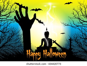 Happy Halloween background with raising zombie hand,big buddha statue, cross, dead tree, bats, and thunderbolt