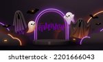 Happy Halloween background. Realistic 3d design in cartoon style, stage podium, round studio for sales, neon lights. Scary flying ghosts. Web poster, stylish flyer, holiday banner. vector illustration