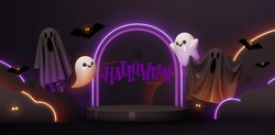 Happy Halloween Background. Realistic 3d Design In Cartoon Style, Stage Podium, Round Studio For Sales, Neon Lights. Scary Flying Ghosts. Web Poster, Stylish Flyer, Holiday Banner. Vector Illustration
