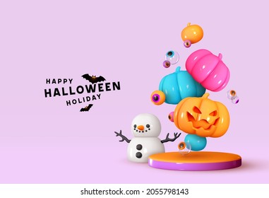 Happy Halloween background. Realistic 3d design stage podium, round studio. Orange and multicolored pumpkins with emotion on his face scary smile. Creative Banner, web poster. Vector illustration