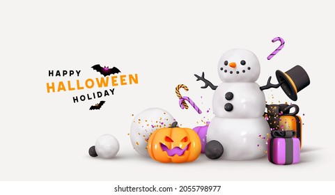 Happy Halloween background. Realistic 3d design objects snowman, gifts boxes. Orange pumpkins with emotion on his face scary smile. Creative Holiday Banner, web poster. Vector illustration