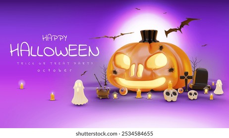 Happy Halloween background with realistic 3D scary elements like ghosts, skulls, pumpkins, gravestones, crosses, bats on a glowing moon backdrop.