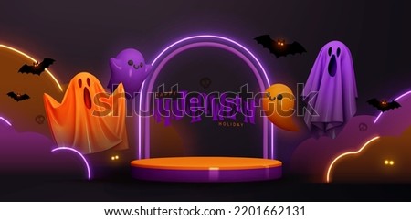 Happy Halloween background. Realistic 3d design in cartoon style, stage podium, round studio for sales, neon lights. Scary flying ghosts. Web poster, stylish flyer, holiday banner. vector illustration