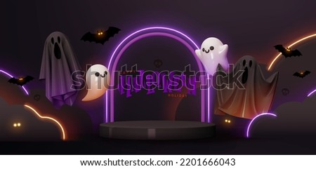Happy Halloween background. Realistic 3d design in cartoon style, stage podium, round studio for sales, neon lights. Scary flying ghosts. Web poster, stylish flyer, holiday banner. vector illustration