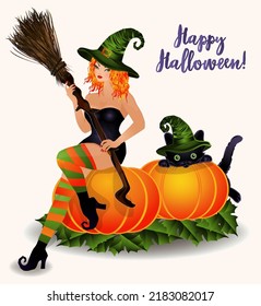 Happy Halloween background, red hair witch and black cat. vector illustration	