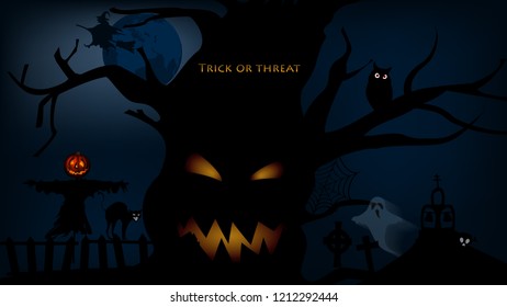 Happy Halloween background! Scarecrow, net and Spider, cat, witch, owl and big moon, October 31 Greeting Card, Vector Illustration.