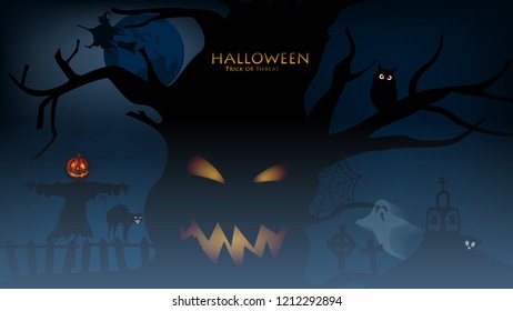 Happy Halloween background! Scarecrow, net and Spider, cat, witch, owl and big moon, October 31 Greeting Card, Vector Illustration.