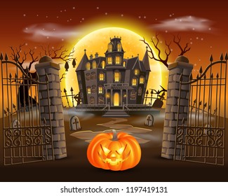 happy halloween background with scary pumpkin on graveyard with haunted house, and full moon. vector illustration for happy halloween card, flyer and poster