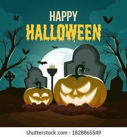 Happy halloween background with scary pumpkin head in graveyard