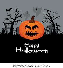 Happy Halloween background with scary pumpkin in a cemetery vector illustration. Creepy pumpkin and graveyard vector. Night spooky landscape with graves. Template for background, banner, card