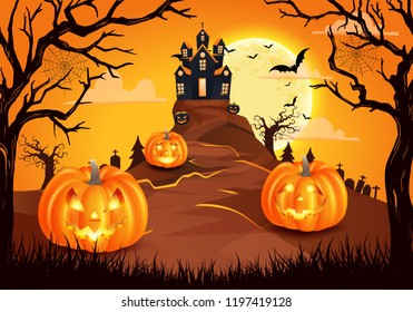 happy halloween background with scary pumpkins with spooky castle, flying bats and full moon. vector illustration for happy halloween card, flyer, banner and poster.