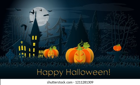 Happy Halloween Background with scary pumpkins on cemetery, Paper cut Layer  vector