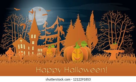 Happy Halloween Background with scary pumpkins on cemetery, Paper cut Layer  vector